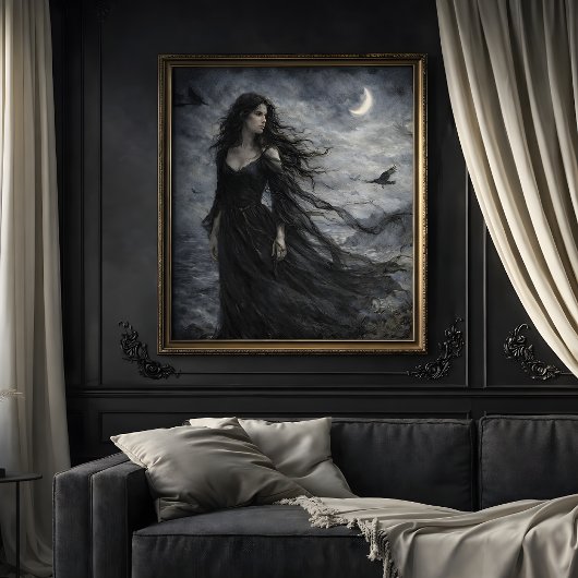 Gothic Woman Ravens Moonlit Ocean Scene Decoupage Tissuepapier