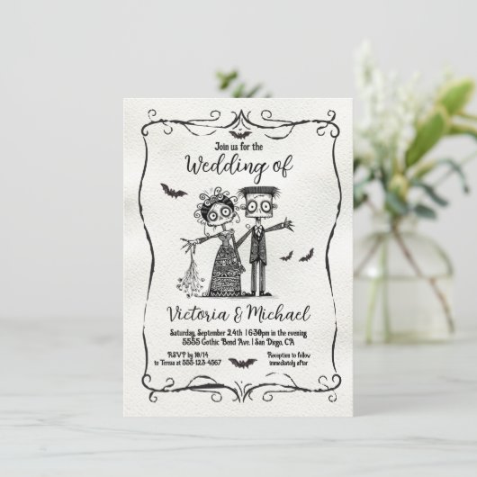 Gothic Zombie Doodle Wedding Kaart (Staand voorkant)