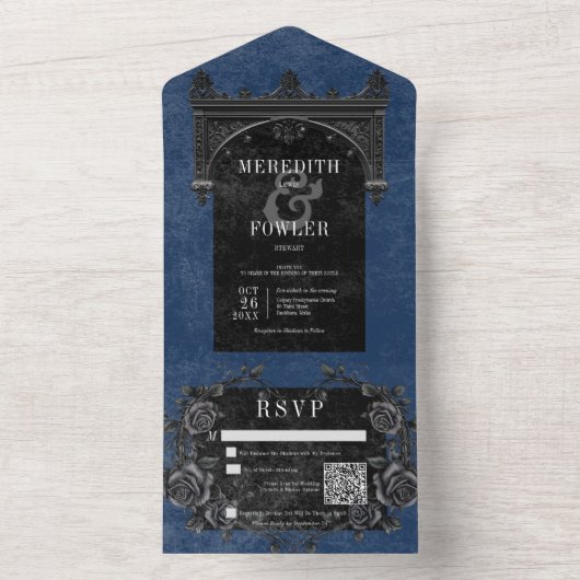 Gothic Zwart Arch & Zwart Rozen Blauw QR Code All In One Uitnodiging (Binnen)