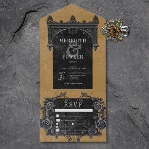 Gothic Zwart Arch & Zwart Rozen Goud Drie Diner All In One Uitnodiging