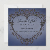 Gothic Zwart & Blauw Filigraan Hart Bruiloft Save The Date (Voorkant)