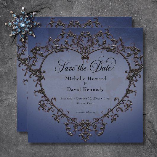 Gothic Zwart & Blauw Filigraan Hart Bruiloft Save The Date