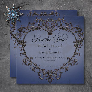 Gothic Zwart & Blauw Filigraan Hart Bruiloft Save The Date