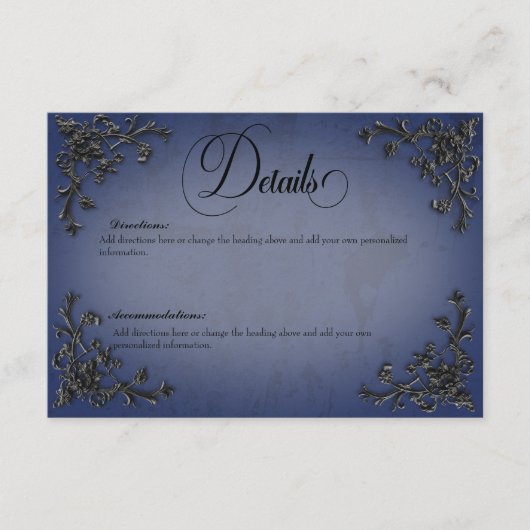 Gothic Zwart & Blauw Filigraan Hart Details Informatiekaartje (Voorkant)