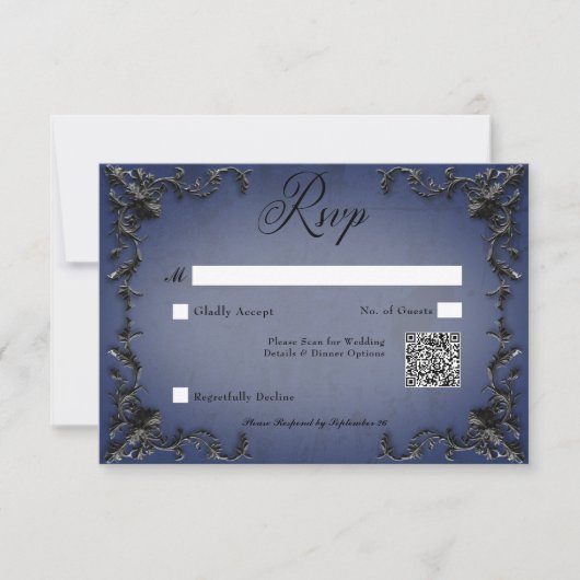 Gothic Zwart & Blauw Filigraan Hart QR Code RSVP Kaartje (Voorkant)
