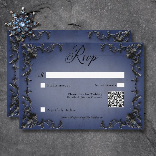 Gothic Zwart & Blauw Filigraan Hart QR Code RSVP Kaartje