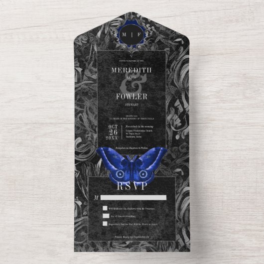 Gothic zwart blauw filigraan mot geen diner bruilo all in one uitnodiging (Binnen)