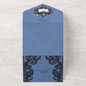 Gothic Zwart & Blauw Halloween Filigraan QR Code All In One Uitnodiging (Buitenkant)