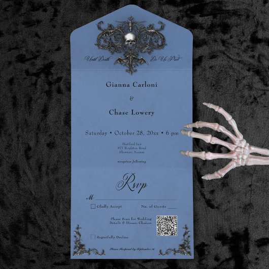 Gothic Zwart & Blauw Halloween Filigraan QR Code All In One Uitnodiging
