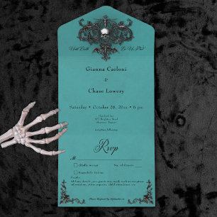 Gothic Zwart & Blauwgroen Halloween Filigraan Geen All In One Uitnodiging