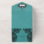 Gothic Zwart & Blauwgroen Halloween Filigraan QR C All In One Uitnodiging (Buitenkant)