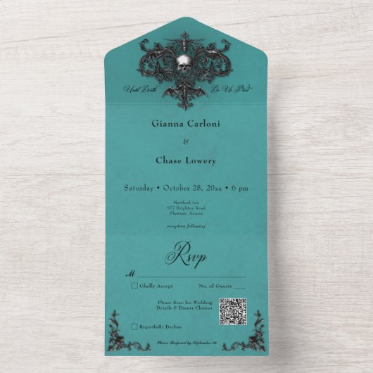 Gothic Zwart & Blauwgroen Halloween Filigraan QR C All In One Uitnodiging (Binnen)