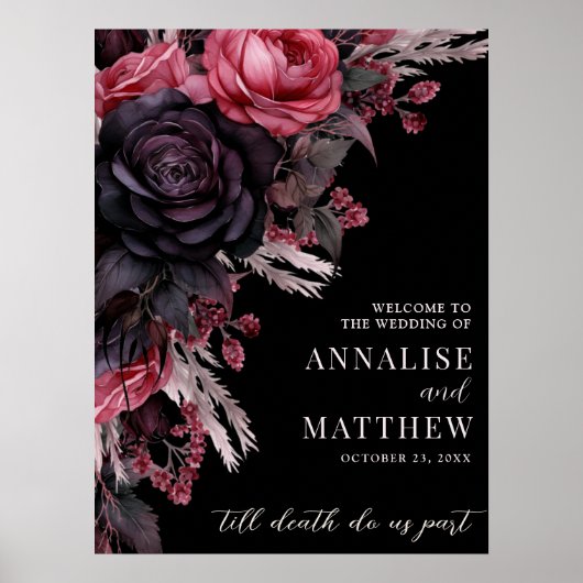 Gothic Zwart Bloemen Bruiloft Welkomstbord Poster (Voorkant)