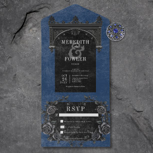 Gothic Zwart Boog & Zwart Rozen Blauw Geen Diner All In One Uitnodiging
