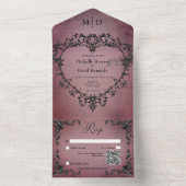 Gothic Zwart & Bourgogne Filigraan Hart QR Code All In One Uitnodiging (Binnen)