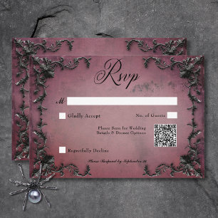 Gothic Zwart & Bourgogne Filigraan Hart QR Code RSVP Kaartje