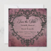 Gothic Zwart & Bourgogne Filigree Hart Bruiloft Save The Date (Voorkant)