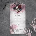 Gothic Zwart & Bourgogne Skull & Bats Diner All In One Uitnodiging<br><div class="desc">Stap in een rijk van duistere romance met onze prachtige gotische of Halloween huwelijksuitnodiging die naadloos rustieke elegantie combineert met een vleugje griezelige allure. Deze uitnodiging is versierd met ingewikkelde zwarte bloemen boven op een glimlachende schedel en is een betoverend meesterwerk dat de essentie van je unieke liefdesverhaal vastlegt. Tegen...</div>