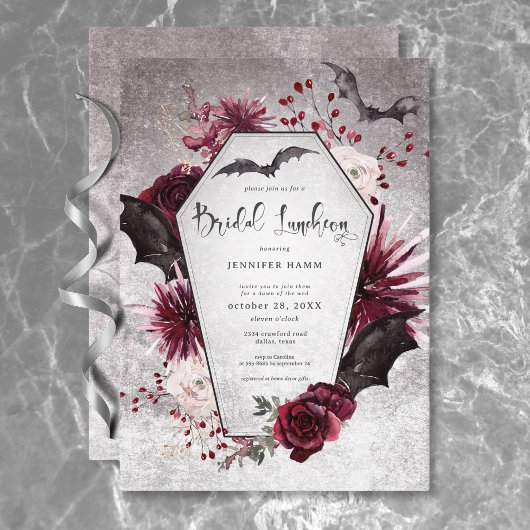 Gothic Zwart & Bourgogne Spooky Bridal Luncheon Kaart