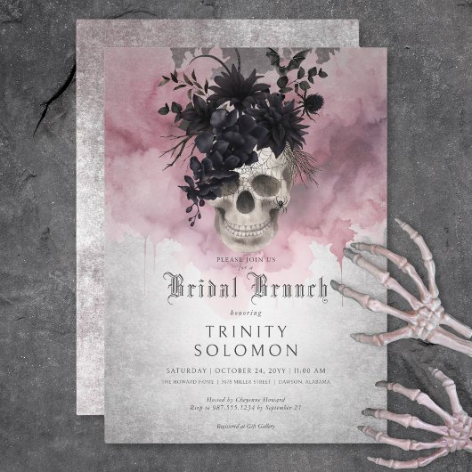 Gothic Zwart & Bourgondië Bloemen Schedel Bridal B Kaart