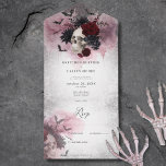 Gothic Zwart & Bourgondische schedel & vleermuizen All In One Uitnodiging<br><div class="desc">Stap in een rijk van duistere romance met onze prachtige gotische of Halloween huwelijksuitnodiging die naadloos rustieke elegantie combineert met een vleugje griezelige allure. Deze uitnodiging is versierd met ingewikkelde zwarte bloemen boven op een glimlachende schedel en is een betoverend meesterwerk dat de essentie van je unieke liefdesverhaal vastlegt. Tegen...</div>