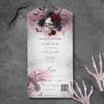 Gothic Zwart & Bourgondische schedel & vleermuizen All In One Uitnodiging<br><div class="desc">Stap in een rijk van duistere romance met onze prachtige gotische of Halloween huwelijksuitnodiging die naadloos rustieke elegantie combineert met een vleugje griezelige allure. Deze uitnodiging is versierd met ingewikkelde zwarte bloemen boven op een glimlachende schedel en is een betoverend meesterwerk dat de essentie van je unieke liefdesverhaal vastlegt. Tegen...</div>