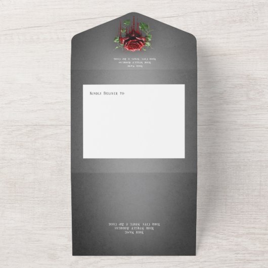 Gothic Zwart Donker Hart & Rode Rozen QR Code All In One Uitnodiging (Buitenkant)