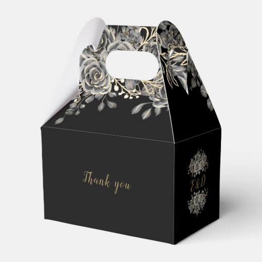 Gothic Zwart en Goud Bloemen Roos Monogram Bruilof Bedankdoosjes (Achterkant)