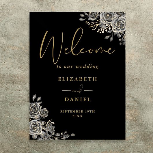 Gothic zwart en goud bloemenbruiloft welkomstbord poster