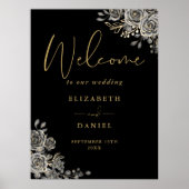 Gothic zwart en goud bloemenbruiloft welkomstbord poster (Voorkant)