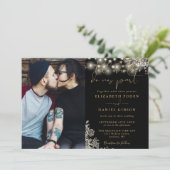 Gothic zwart en goud bloemlichten foto bruiloft kaart (Staand voorkant)