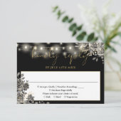 Gothic Zwart en Goud Rozen String Lights Bruiloft RSVP Kaartje (Staand voorkant)