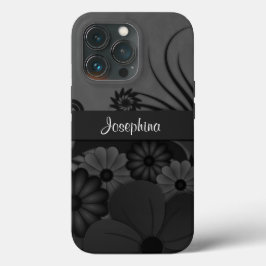 Gothic Zwart en Grijs Hibiscus Bloemen iPhone 13 Pro Hoesje