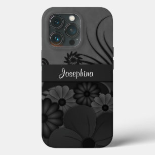 Gothic Zwart en Grijs Hibiscus Bloemen iPhone 13 Pro Hoesje
