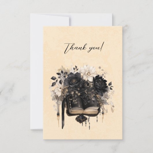 Gothic Zwart en Ivoor Boek en Bloemen Dank U Bedankkaart (Voorkant)