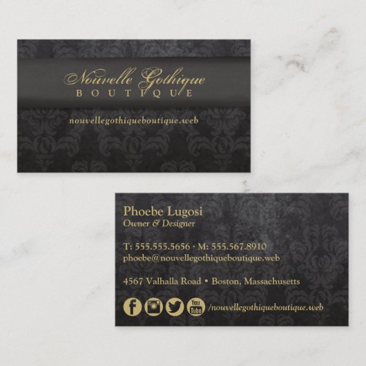 Gothic Zwart & Goud Damask Visitekaartje (Voorkant / Achterkant)