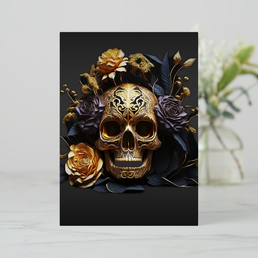 Gothic Zwart Goud Schedel Volwassen Halloween Part Folie Uitnodiging (Staand Voorkant)