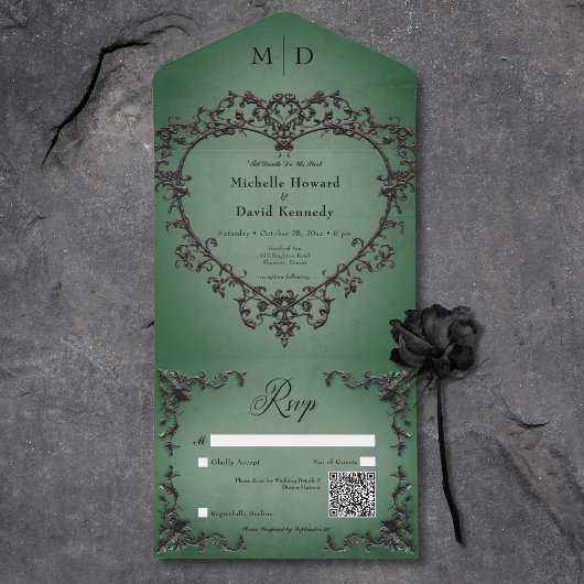 Gothic Zwart & Groen Filigraan Hart QR Code All In One Uitnodiging