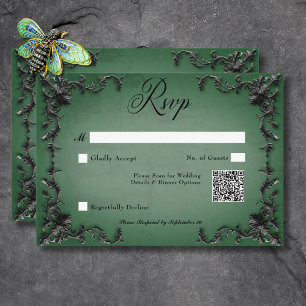 Gothic Zwart & Groen Filigraan Hart QR Code RSVP Kaartje