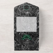 Gothic zwart groen filigraan mot QR Code bruiloft All In One Uitnodiging (Buitenkant)