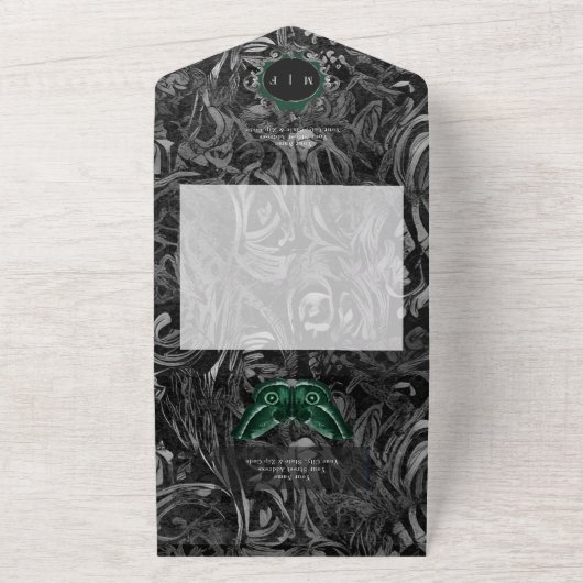 Gothic zwart groen filigraan mot QR Code bruiloft All In One Uitnodiging (Buitenkant)