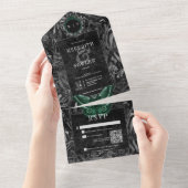 Gothic zwart groen filigraan mot QR Code bruiloft All In One Uitnodiging (Afscheurbaar)