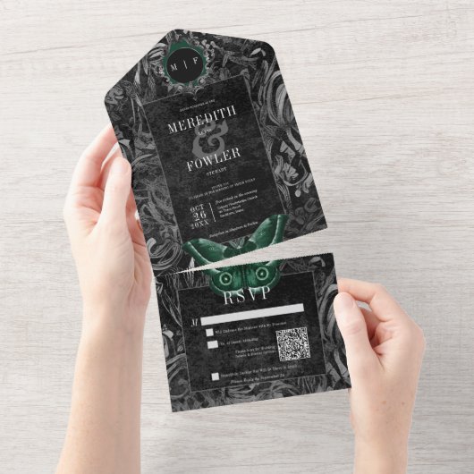 Gothic zwart groen filigraan mot QR Code bruiloft All In One Uitnodiging (Afscheurbaar)