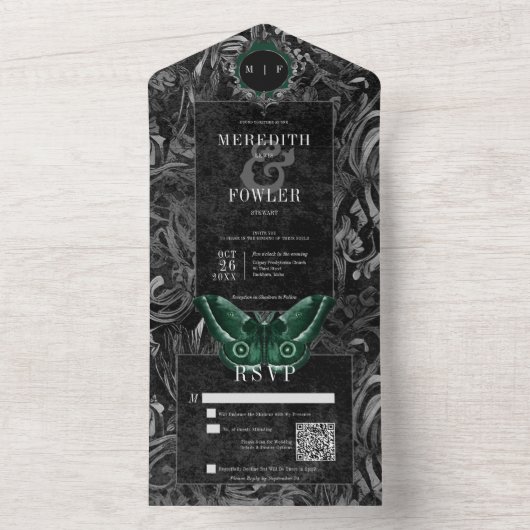 Gothic zwart groen filigraan mot QR Code bruiloft All In One Uitnodiging (Binnen)