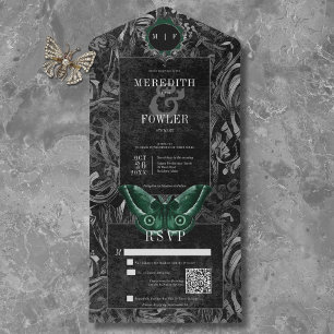 Gothic zwart groen filigraan mot QR Code bruiloft All In One Uitnodiging