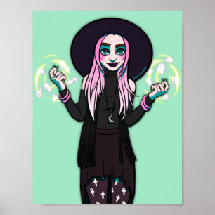 Gothic zwart groen moderne anime heks illustratie poster