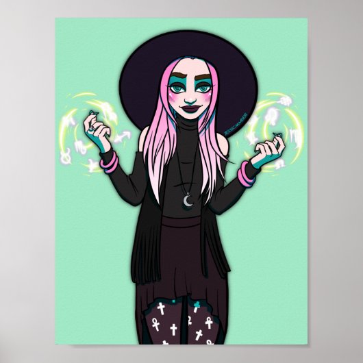 Gothic zwart groen moderne anime heks illustratie poster (Voorkant)