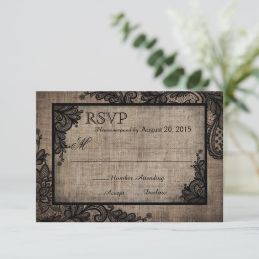 Gothic Zwart Kant Rustieke Burlap RSVP-kaart RSVP Kaartje (Staand voorkant)