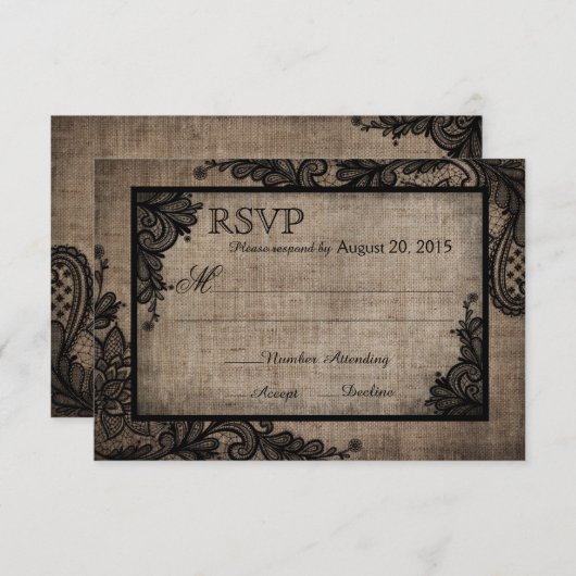 Gothic Zwart Kant Rustieke Burlap RSVP-kaart RSVP Kaartje (Voorkant / Achterkant)