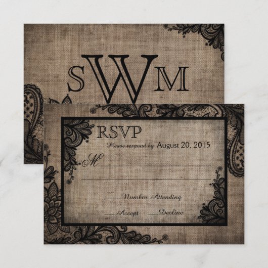 Gothic Zwart Kant Rustieke Burlap RSVP-kaart RSVP Kaartje (Voorkant / Achterkant)